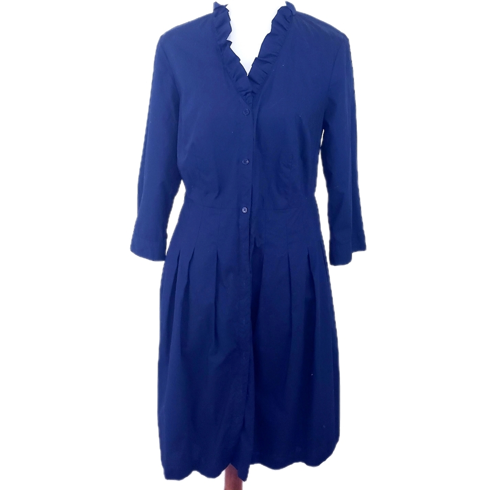 Talbots Navy Blue Poplin Fit & Flare Shirt Dress A-Line Ruffle Collar Size 12